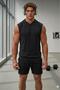 Men's Black Hooded Sleeveless T-Shirt Black Combed Cotton Shorts Patternless Set - 2