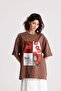 Women's Brown Oversize Printed Cotton Short Sleeve T-Shirt 31103 - 7