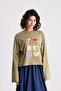 Women's Khaki Wide Sleeve Oversize Printed T-Shirt 31100 - 7