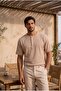 Roth Relaxed Fit Casual Henley Collar Waffle Fabric Summer Short Sleeve T-Shirt - Beige