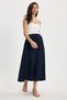 Women's Relax Fit 100% Cotton Soft Textured Elastic Waist Midi Length Pocketed Navy Blue Pleated Flared Skirt - 7
