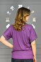 Women's Purple V-Collar Chest 3-Leaf Crystal Stone Lycra Short Sleeve Blouse - 4