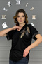 Women's black v-neck, three-leaf crystal embellished, short-sleeve lycra blouse - 4