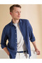 Navy Blue Linen Blend Regular Fit Long Sleeve Shirt 50320900-Vr033