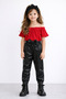 Girls' Stretch Fabric Leather Bow Detail Pants Red Strapless Cropped Blouse and Headband Set. - 5