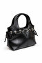 Women's Black Leather Hand and Shoulder Bag with Drawstring Detail - 4