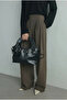 Women's Black Leather Hand and Shoulder Bag with Drawstring Detail - 2