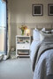 Modern LED Nightstand with Charging Station, USB Ports, Fabric Drawers & Shelf. - 3