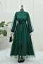 Tulle Dress with Sequin Detail on the Sleeves and Laces - Emerald - 3