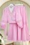 Lace Detailed Tie-Up Sleeve Elastic Waist Skirt Set - Pink