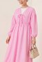 Muslin Dress with Tie Collar, Elastic Sleeves and Waist - Pink - 3