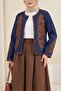 Denim Jacket with Embroidered Front and Sleeves - Navy Blue