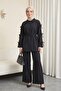 Bow-detailed blouse with imported crepe pants set - black