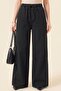 Wide Leg Elastic Waist Lace Detailed Jeans - Black
