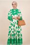 Half-Buttoned, Elasticated Sleeve, Patterned Dress - Green - 2
