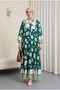 Half Button Sleeve Elastic Patterned Dress - Emerald