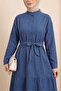 Half-Buttoned, High-Necked, Tie-Waist Linen Dress -Indigo - 3