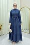 Half-Buttoned, High-Necked, Tie-Waist Linen Dress -Indigo