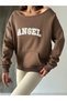 Angel Embroidered Boat Neck Sweatshirt - Brown - 2
