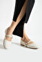 Women's White Cream Tweed Buckled Strap Short Heeled Ballerinas - 4