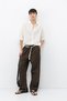 Belt Detailed Oversize Linen Trousers Brown - 3