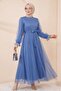 Puffy Sleeve and Skirt Belted Tulle Evening Dress -Blue - 3