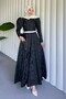 Belted Balloon Skirt Cold Print Caftan Evening Dress -Black - 5