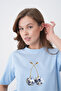 Women's Blue and White Tile Patterned Ceramic Cherry Printed Round Neck Blue T-Shirt - 3