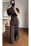 Buttoned Waist-Fitting Stand-Up Collar Short-Sleeved Design Blouse Jacket Palazzo Pants Equivalent Stylish Two-Piece Set - 5