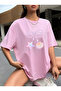 Pearl Ribbon Printed Oversize Crew Neck Short Sleeve Women's Tshirt
