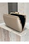 Beige Color Gold Detailed Hand-Woven Leather Special Series Women's Evening Dress Bag - 4