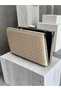 Beige Color Silver Detailed Hand-Woven Leather Special Series Women's Evening Dress Bag - 4