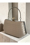 Beige Color Silver Detailed Hand-Woven Leather Special Series Women's Evening Dress Bag - 2
