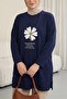 Floral Embroidered Crew Neck Combed Cotton Tunic - Navy Blue - 3