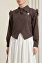 Ruffled Shoulder, Criss-Cross Front, Double-Layered Crepe Blouse with Brooch Detail - Coffee Color