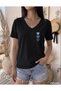 Mini Denim Hearts Printed Women's Oversize V-Neck T-Shirt