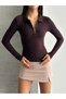 Women's Brown Polo Collar Long Sleeve Slim Buzzy Zipper Detailed Badi Bodysuit - 5