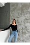 Women's Boat Neck Finger-Loop Detailed Buzzy Fabric Lycra Bodysuit / Blouse