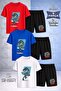 Children's Dinosaur Turquoise Canvas Custom Printed Crew Neck 3-Piece T-Shirt - Shorts Set