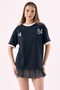 Crep Women's 94 Printed Stripe Detailed T-Shirt Crew Neck 100% Cotton Navy Blue – Oversize Fit - 6