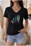 Women's Oversize V-Neck T-Shirt with Bird Feather Print