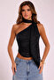 Lace Detailed One-Shoulder Crop Blouse with Shawl Detail