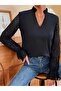 Women's Long Sleeve V Ruffle Collar Imported Crepe Blouse with Cross Detail on the Back - 3