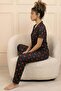 Women's Heart Patterned Shirt Collar Short Sleeve Long Cool Touch Milan Fabric Pajama Set - 4