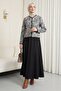Top Button Ethnic Pattern Skirted Crepe Suit - Black