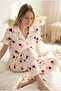 Burgundy Pink Heart Patterned Pajama Set with Ruffled Legs and Sleeves - 2