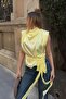 Yellow Padded Half Fisherman Shoulder Draped Tie Detail Women's Satin Blouse - 3