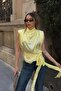 Yellow Padded Half Fisherman Shoulder Draped Tie Detail Women's Satin Blouse - 2