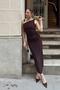 Brown Asymmetrical Collar Thick Straps Draped Buckle Detail Women's Sandy Dress - 3
