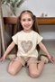 Girl's Cream T-Shirt with Lace Embroidery Heart Detail on the Chest and Elastic Waist Shorts Set - 4
